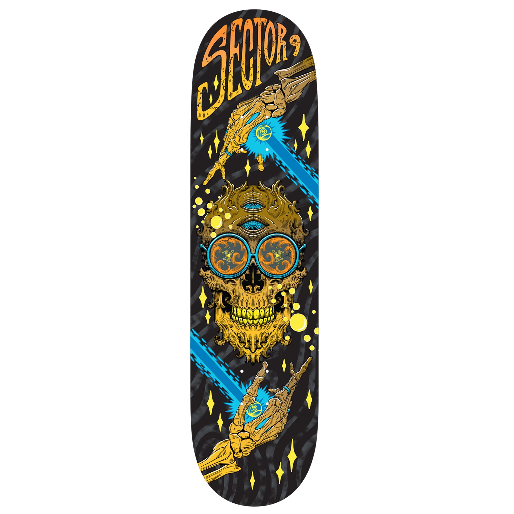 Skateboard deck with gold skull design and 'Sector' branding on a black background